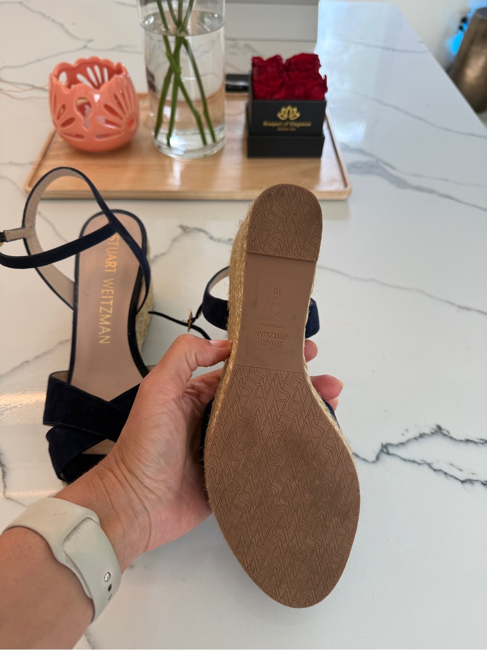 Stuart Weitzman Navy Suede Espadrille Wedge Sandals with Ankle Strap - Picture 5 of 5